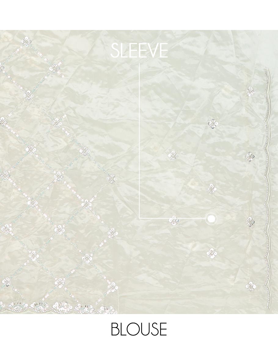 White jaal design kardana & sequins embroidered designer saree, scallop kardana & sequins embroidered border