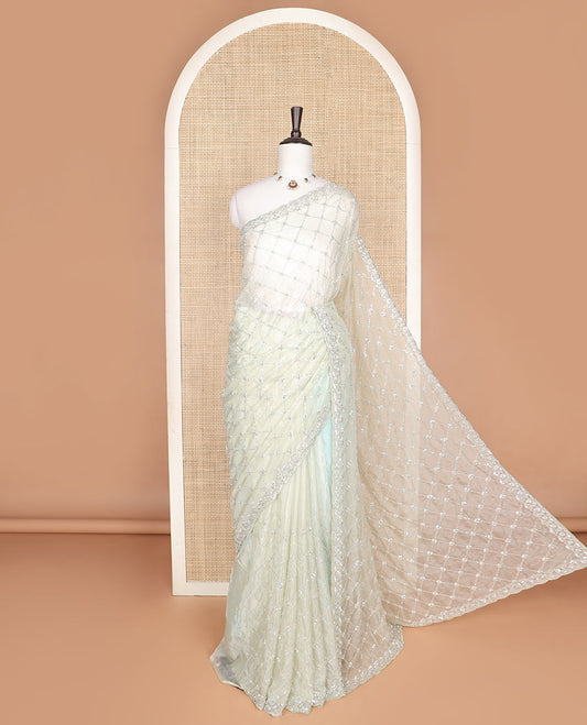 White jaal design kardana & sequins embroidered designer saree, scallop kardana & sequins embroidered border
