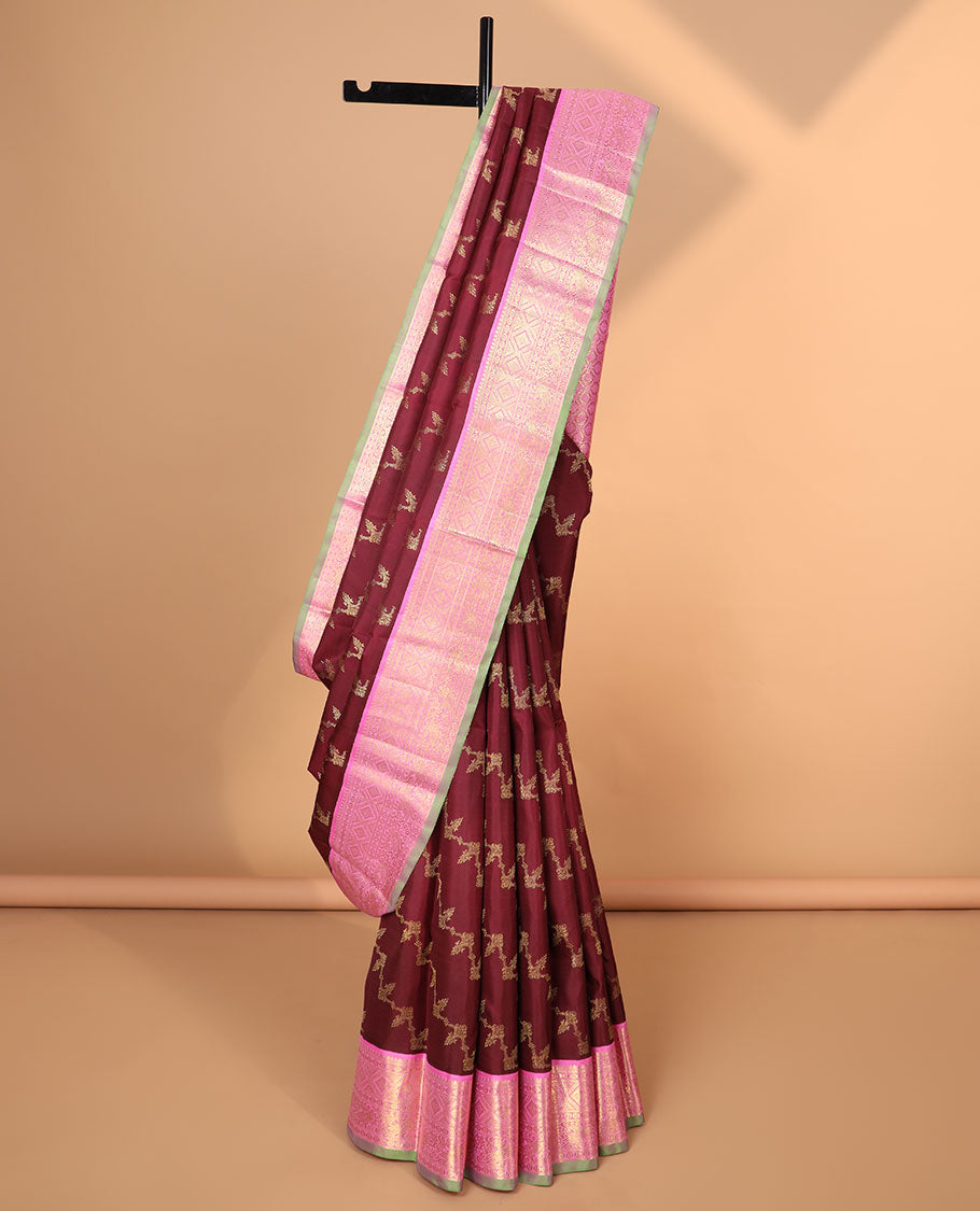 Maroon floral vine design kancheepuram silk saree with contrast korvai border of intricate zari design border & floral checked design pallu