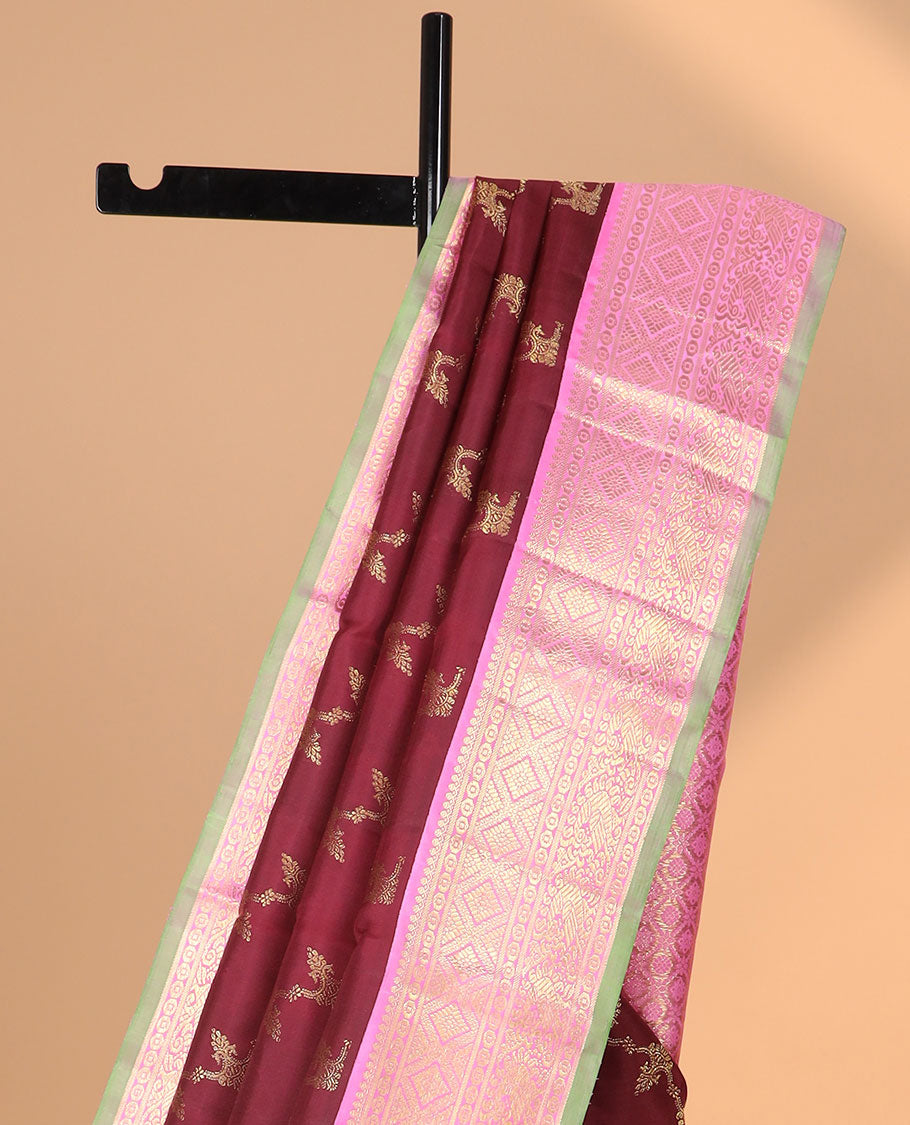 Maroon floral vine design kancheepuram silk saree with contrast korvai border of intricate zari design border & floral checked design pallu