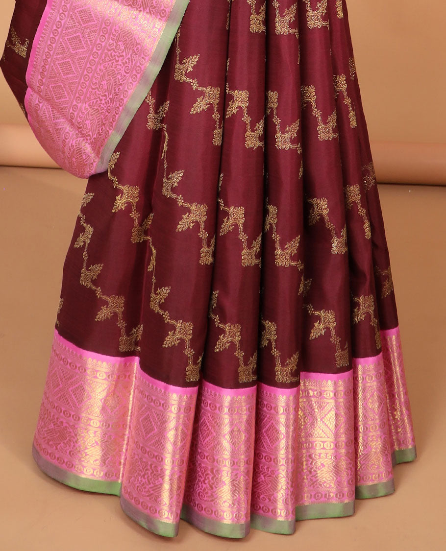 Maroon floral vine design kancheepuram silk saree with contrast korvai border of intricate zari design border & floral checked design pallu