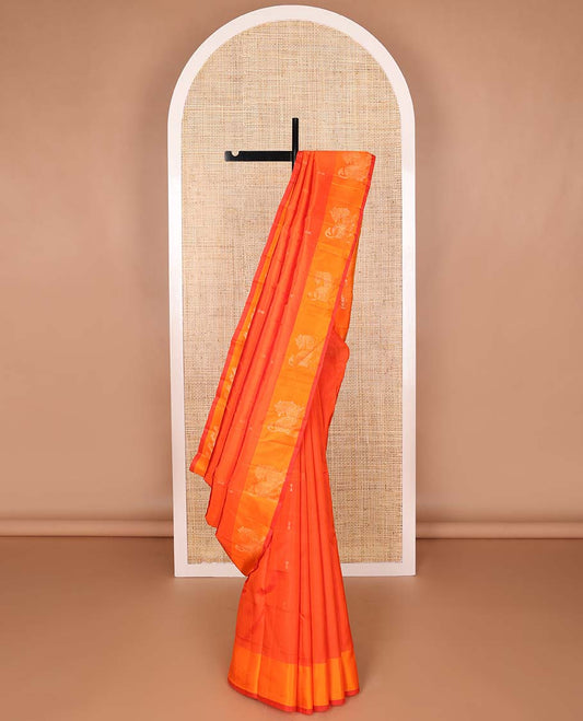 Orange buttas kancheepuram silk saree with contrast animal butta border & striped, floral design pallu
