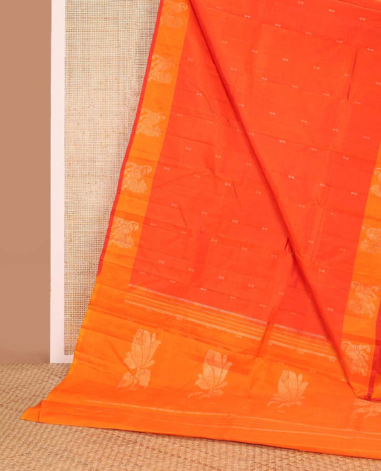 Orange buttas kancheepuram silk saree with contrast animal butta border & striped, floral design pallu