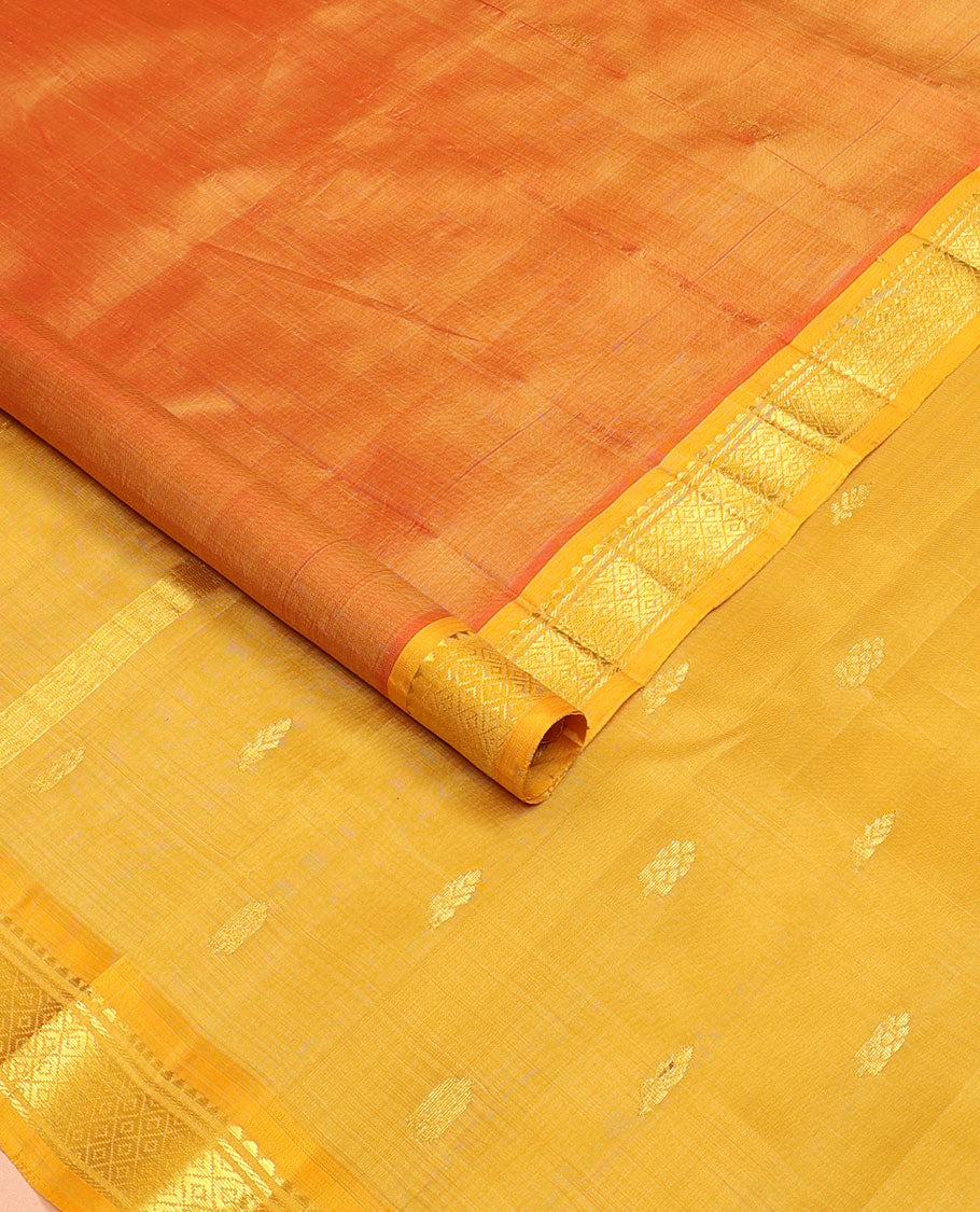 Orange zari buttas kanchipuram silksaree, contrast one-sided border of rekku,banaras & mayil kann designs & zari design pallu