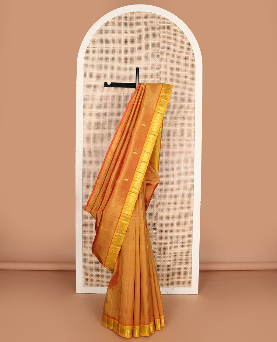 Orange zari buttas kanchipuram silksaree, contrast one-sided border of rekku,banaras & mayil kann designs & zari design pallu