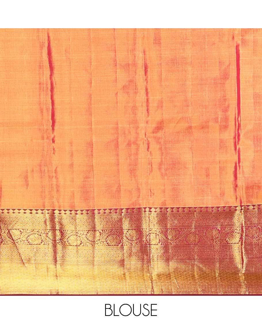 Red jacquard tissue silk saree, ogee-patterned pallu & contrast border of thilakam mokku,muthu,kodi visiry & then kuli kann designs