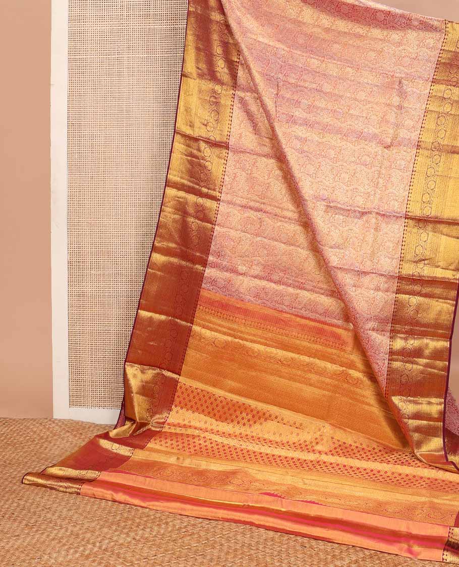 Red jacquard tissue silk saree, ogee-patterned pallu & contrast border of thilakam mokku,muthu,kodi visiry & then kuli kann designs