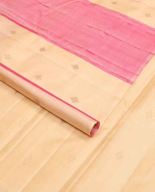 Borderless pink & sandal striped Kanchipuram silk saree with zari buttas, self-pallu of zari buttas