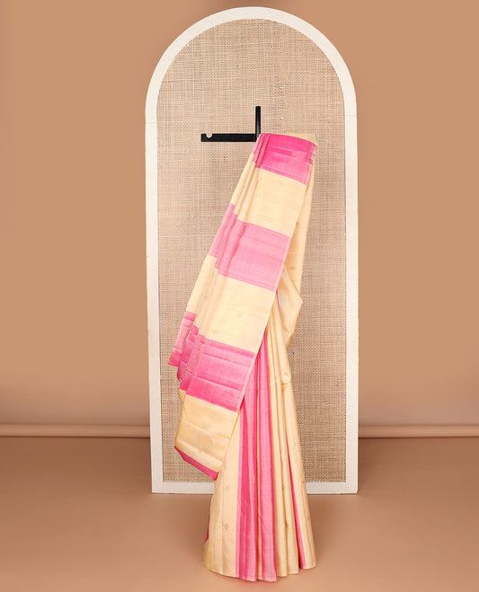 Borderless pink & sandal striped Kanchipuram silk saree with zari buttas, self-pallu of zari buttas