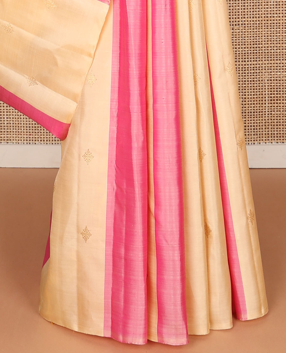 Borderless pink & sandal striped Kanchipuram silk saree with zari buttas, self-pallu of zari buttas