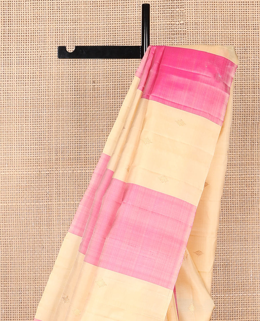 Borderless pink & sandal striped Kanchipuram silk saree with zari buttas, self-pallu of zari buttas