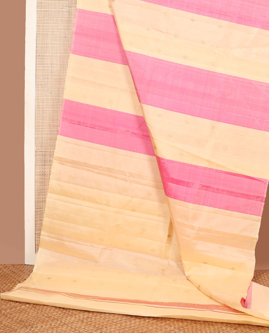 Borderless pink & sandal striped Kanchipuram silk saree with zari buttas, self-pallu of zari buttas