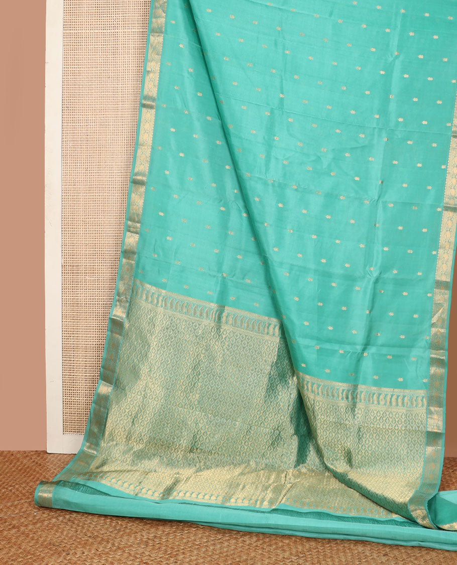 Blue zari buttas Kanchipuram silk saree, jaal pallu & border of kathir, muthu, banaras & kuyil kann manga