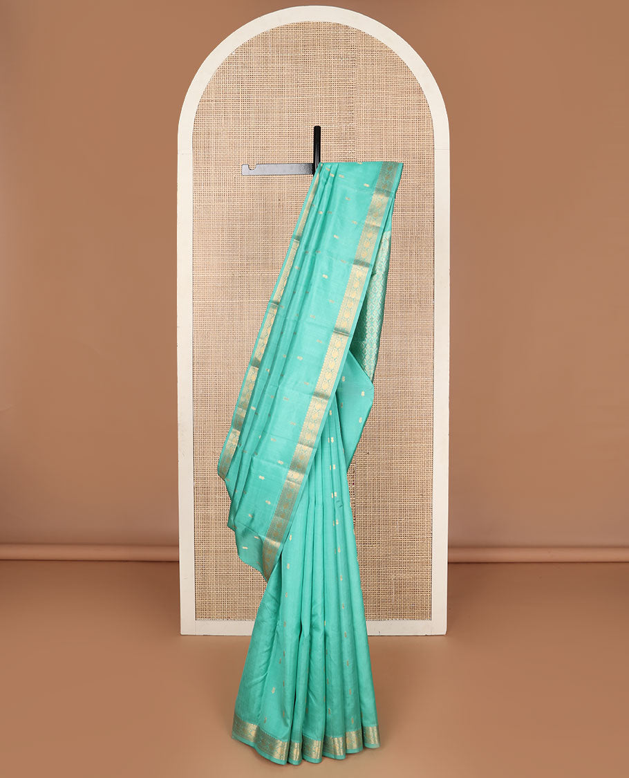 Blue zari buttas Kanchipuram silk saree, jaal pallu & border of kathir, muthu, banaras & kuyil kann manga