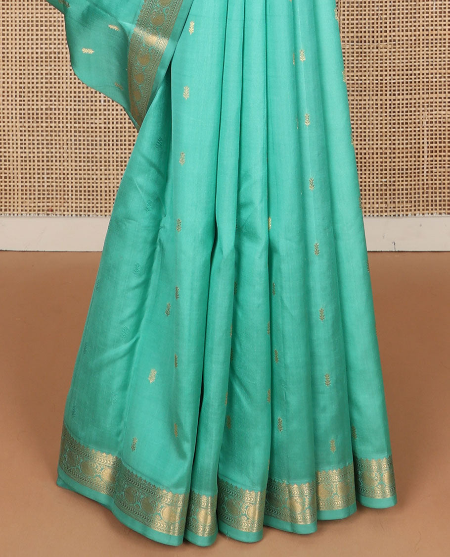 Blue zari buttas Kanchipuram silk saree, jaal pallu & border of kathir, muthu, banaras & kuyil kann manga