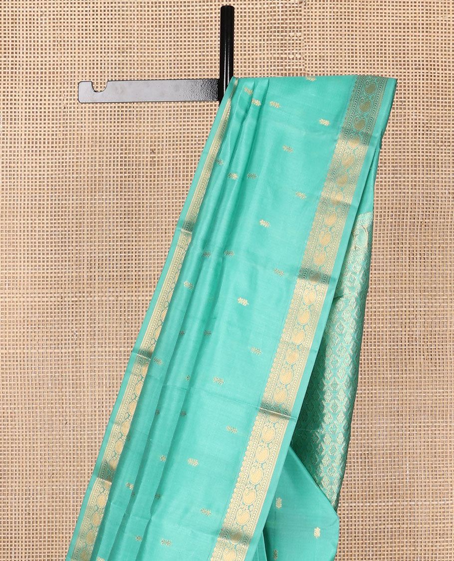 Blue zari buttas Kanchipuram silk saree, jaal pallu & border of kathir, muthu, banaras & kuyil kann manga