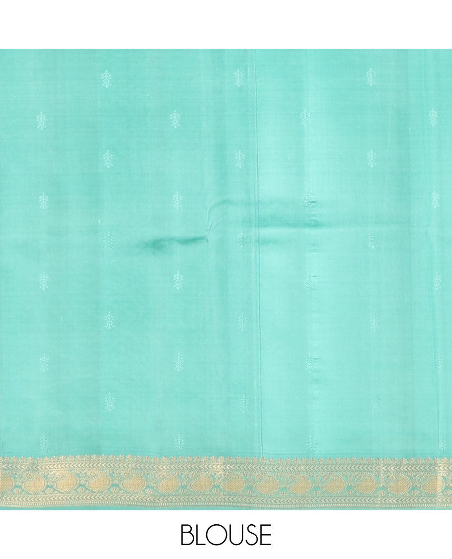 Blue zari buttas Kanchipuram silk saree, jaal pallu & border of kathir, muthu, banaras & kuyil kann manga