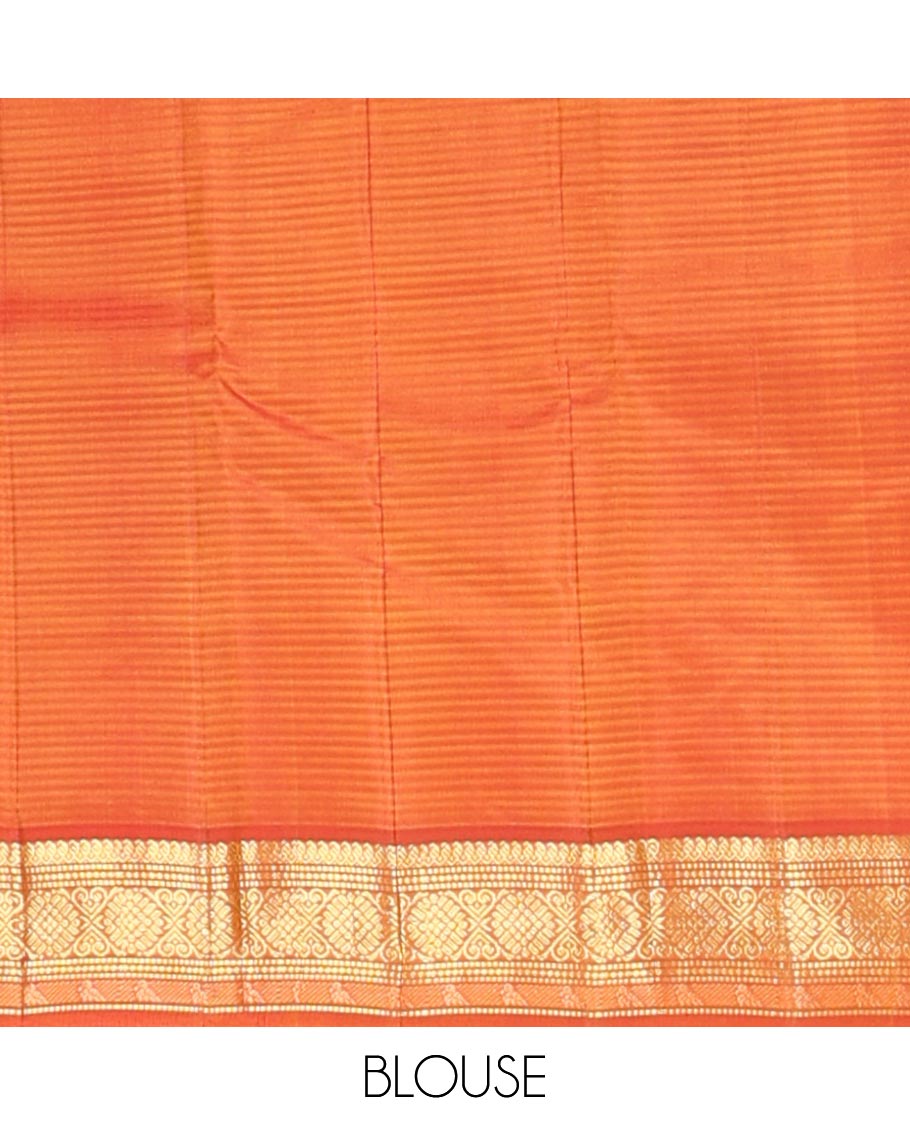 Yellow vazhaipoo striped & zari buttas silk saree, contrast border of manga mokku,muthu,chakram, jada nagam & kili & zari design pallu