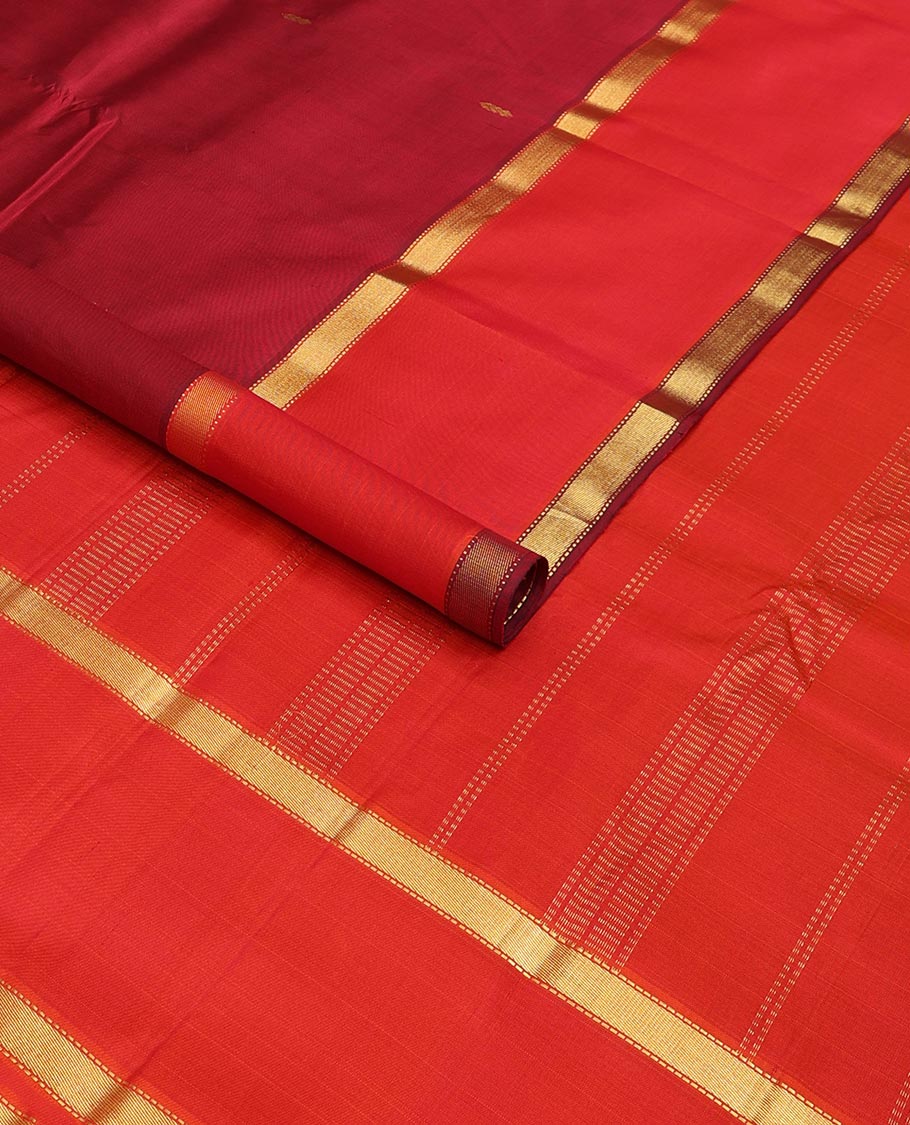 Maroon zari buttas Kanchipuram silk saree, contrast rettai pettu zari border of muthu designs, and zari design pallu