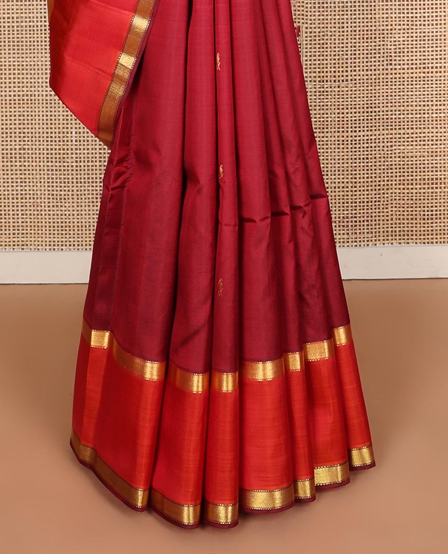 Maroon zari buttas Kanchipuram silk saree, contrast rettai pettu zari border of muthu designs, and zari design pallu