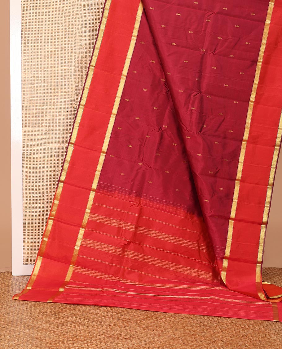 Maroon zari buttas Kanchipuram silk saree, contrast rettai pettu zari border of muthu designs, and zari design pallu