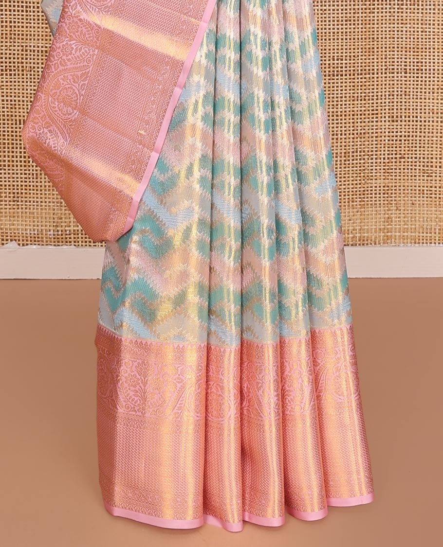 Blue Kanchipuram Tissue Silk Saree, Richly Detailed with Jacquard Design on Its Body, Complemented by a Contrast Border of Traditional Designs in Zari, Pallu Steeped with Poun Designs, and Paired with a Contrast Blouse