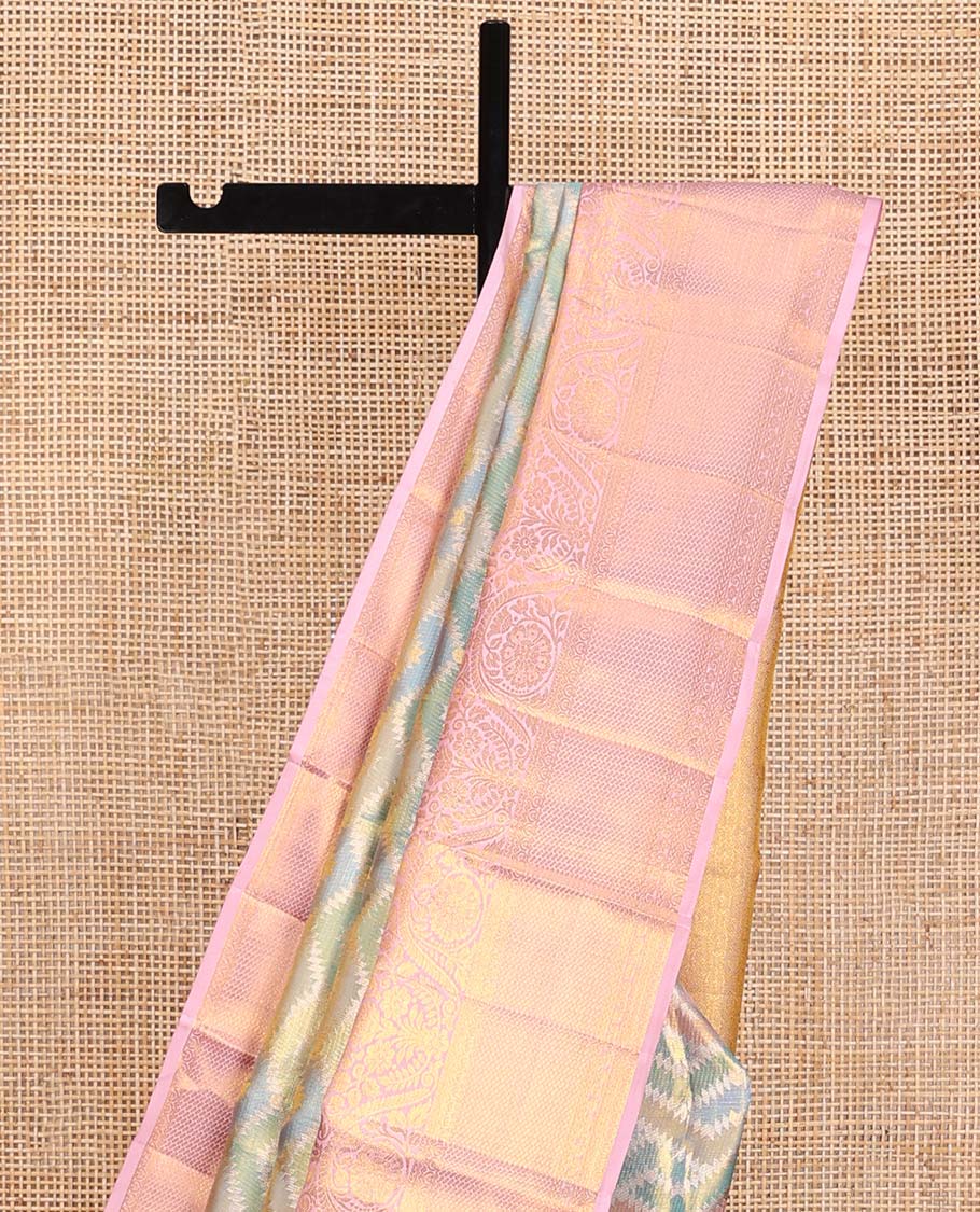 Blue Kanchipuram Tissue Silk Saree, Richly Detailed with Jacquard Design on Its Body, Complemented by a Contrast Border of Traditional Designs in Zari, Pallu Steeped with Poun Designs, and Paired with a Contrast Blouse