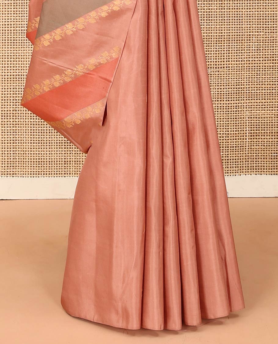 Brown zari buttas Kanchipuram designer saree, contrast vanasingari style border, and geometric patterned pallu
