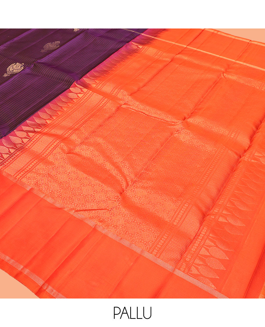Purple Kanchipuram Silk Saree, Decorated with Stripes and Zari Buttas, a Bodi Border, Contrast Grand Jaal Pallu, and a Contrast Blouse