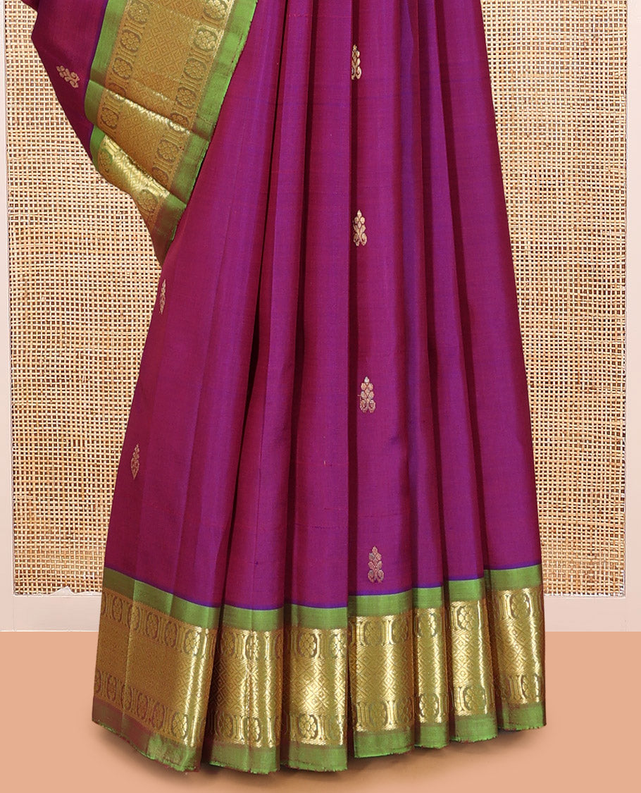 Purple Kanchipuram Silk Saree, Delicately Woven with Zari Buttas, Complemented by a Contrast Border of Kamalam and Mayil Kann Design, Pallu of Zari Design, and No Blouse