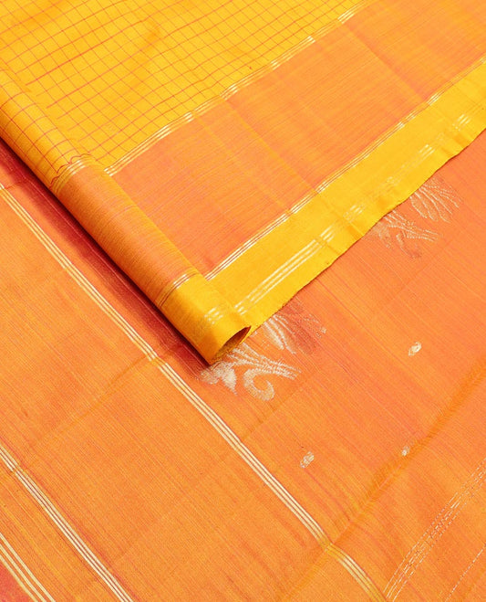 Orange checked, buttas kancheepuram silk saree with contrast floral zari design border & floral design pallu