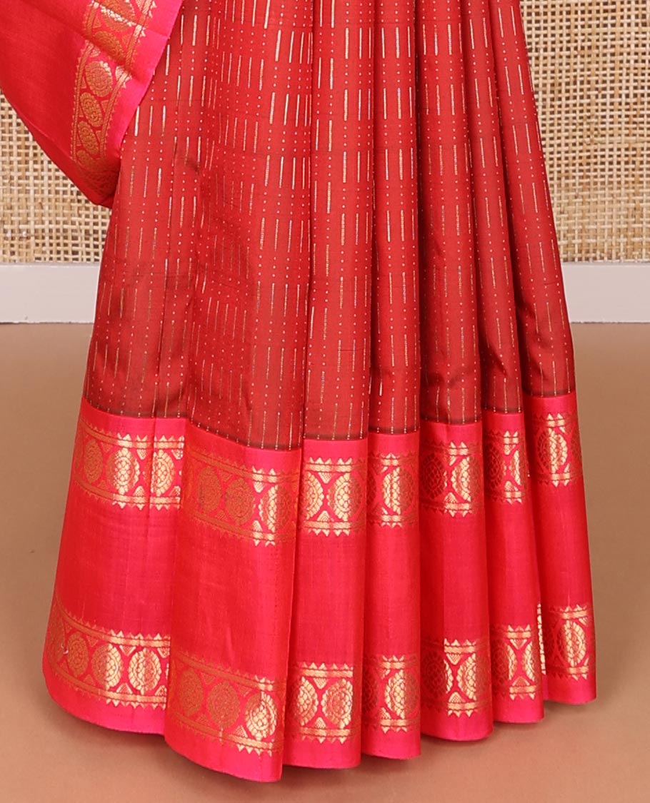 Red geometric design kancheepuram silk saree with contrast rettai pettu border of rekku, banaras, poo chakram design & zari design pallu