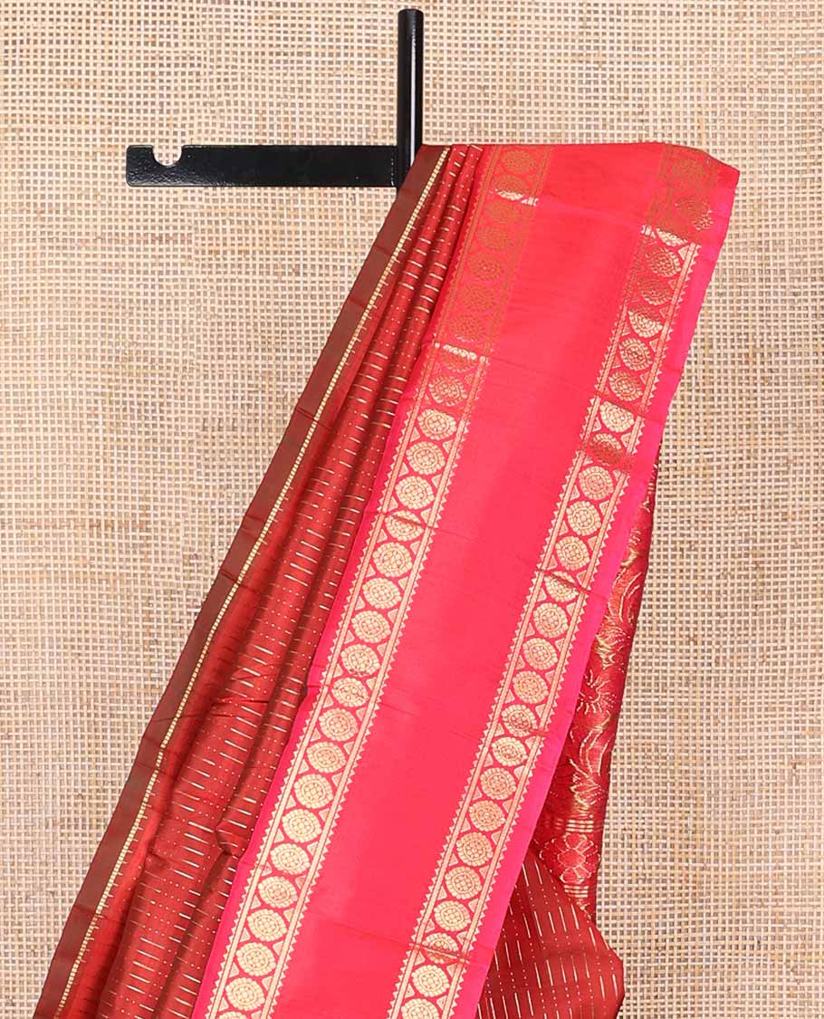 Red geometric design kancheepuram silk saree with contrast rettai pettu border of rekku, banaras, poo chakram design & zari design pallu