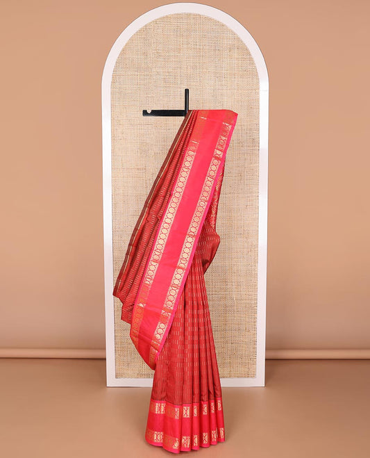 Red geometric design kancheepuram silk saree with contrast rettai pettu border of rekku, banaras, poo chakram design & zari design pallu