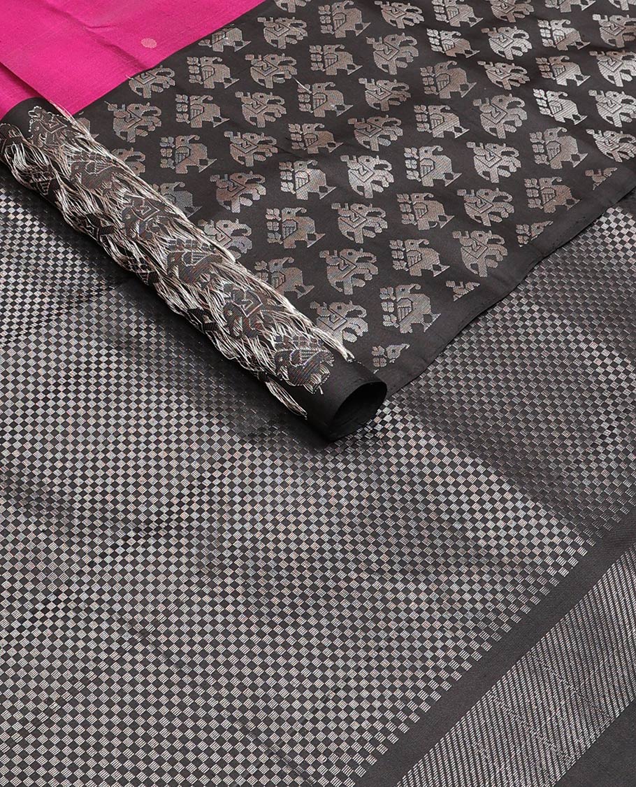 Purple zari buttas soft silk saree, contrast patola animal motif border, and pallu of zari checks