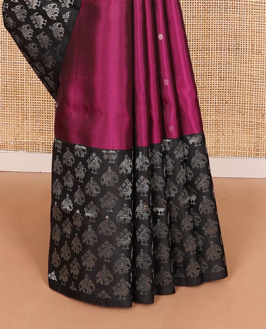 Purple zari buttas soft silk saree, contrast patola animal motif border, and pallu of zari checks