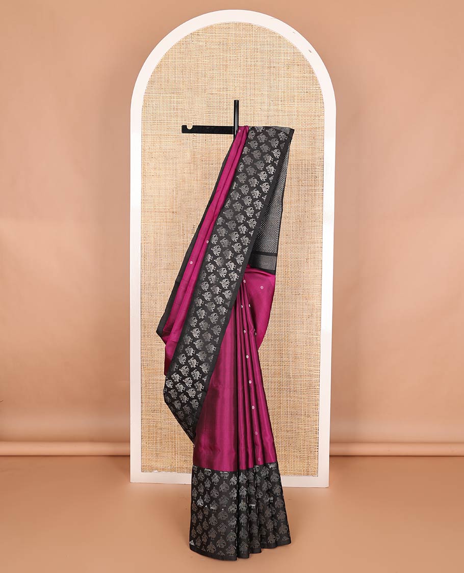 Purple zari buttas soft silk saree, contrast patola animal motif border, and pallu of zari checks