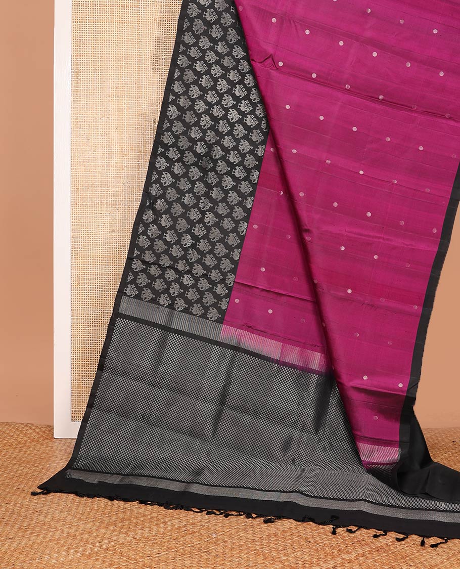Purple zari buttas soft silk saree, contrast patola animal motif border, and pallu of zari checks