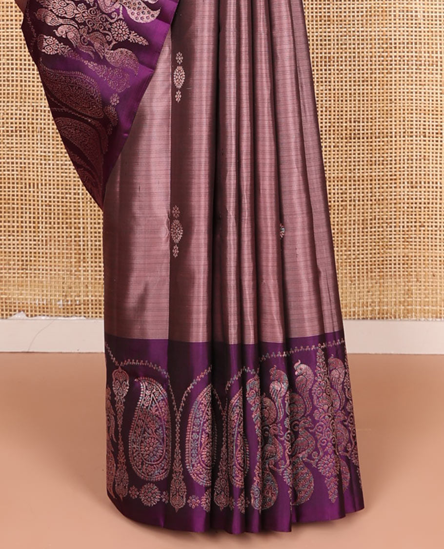 Brown buttas soft silk saree, contrast border of paisley and peacock designs, and pallu of intricate designs
