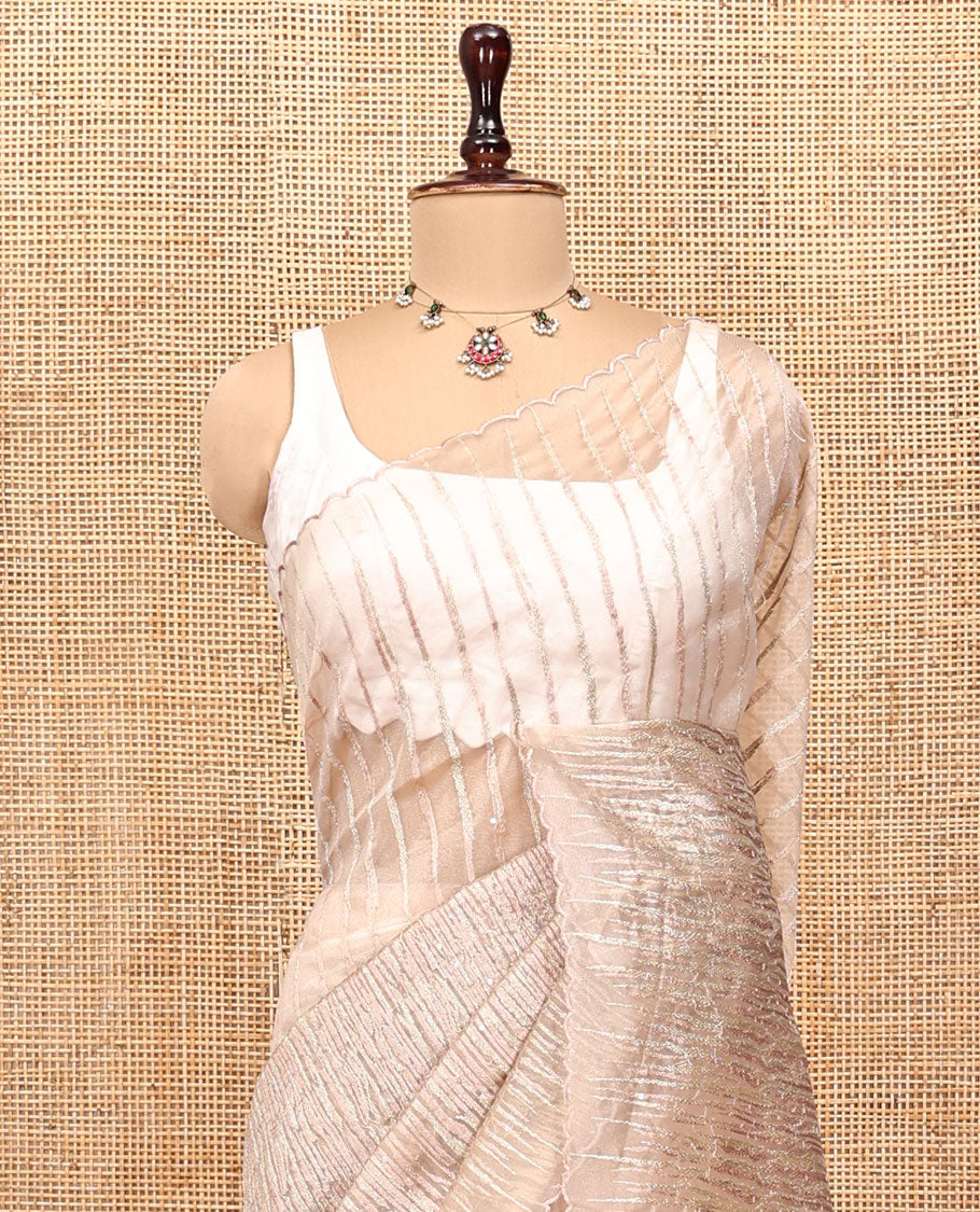 Champagne Organza Saree, Meticulously Crafted with Vine Embroidery, Scallop Embroidery Border, and a Matching Blouse