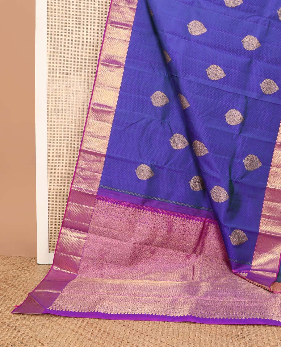 Blue floral design silk saree with contrast zari design border & argyle design pallu