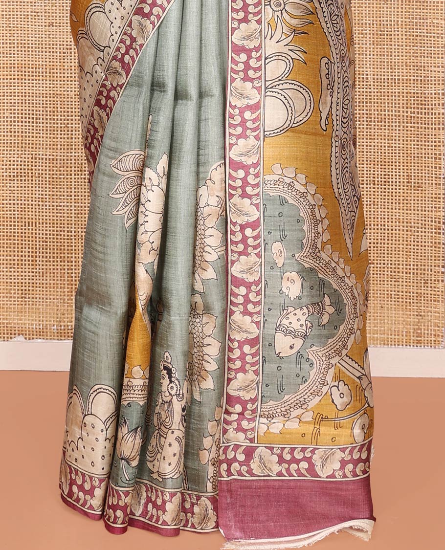 Grey Printed Silk Saree Decked Up with Floral and Ancient Human Motifs Print, Complemented with a Contrast Printed Border, Pallu Beautifully Printed with Lord Krishna and Radha Figurines, and Paired with a Contrast Printed Blouse