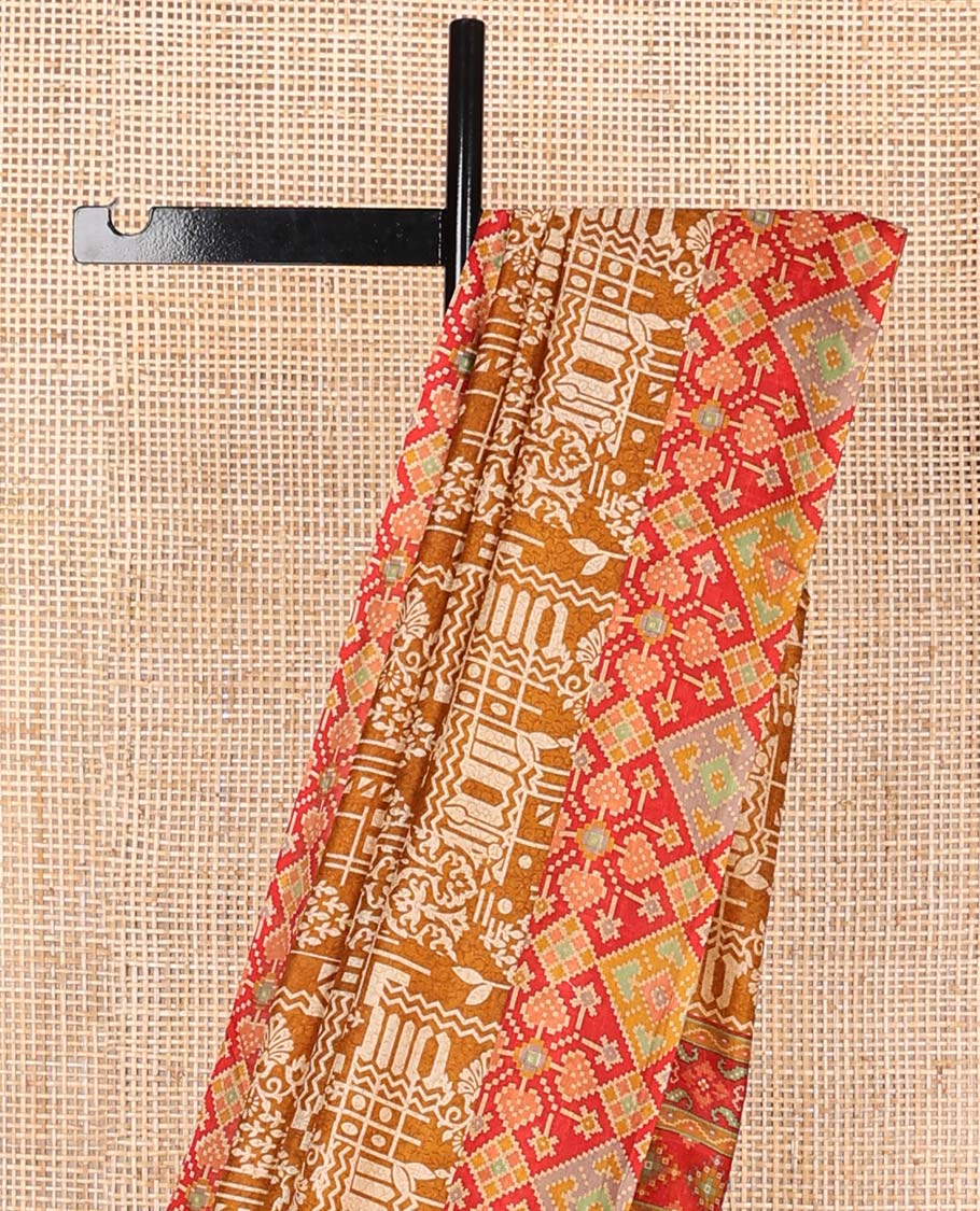 Brown geometric design printed silk saree with ikkat style border & floral ikkat style pallu