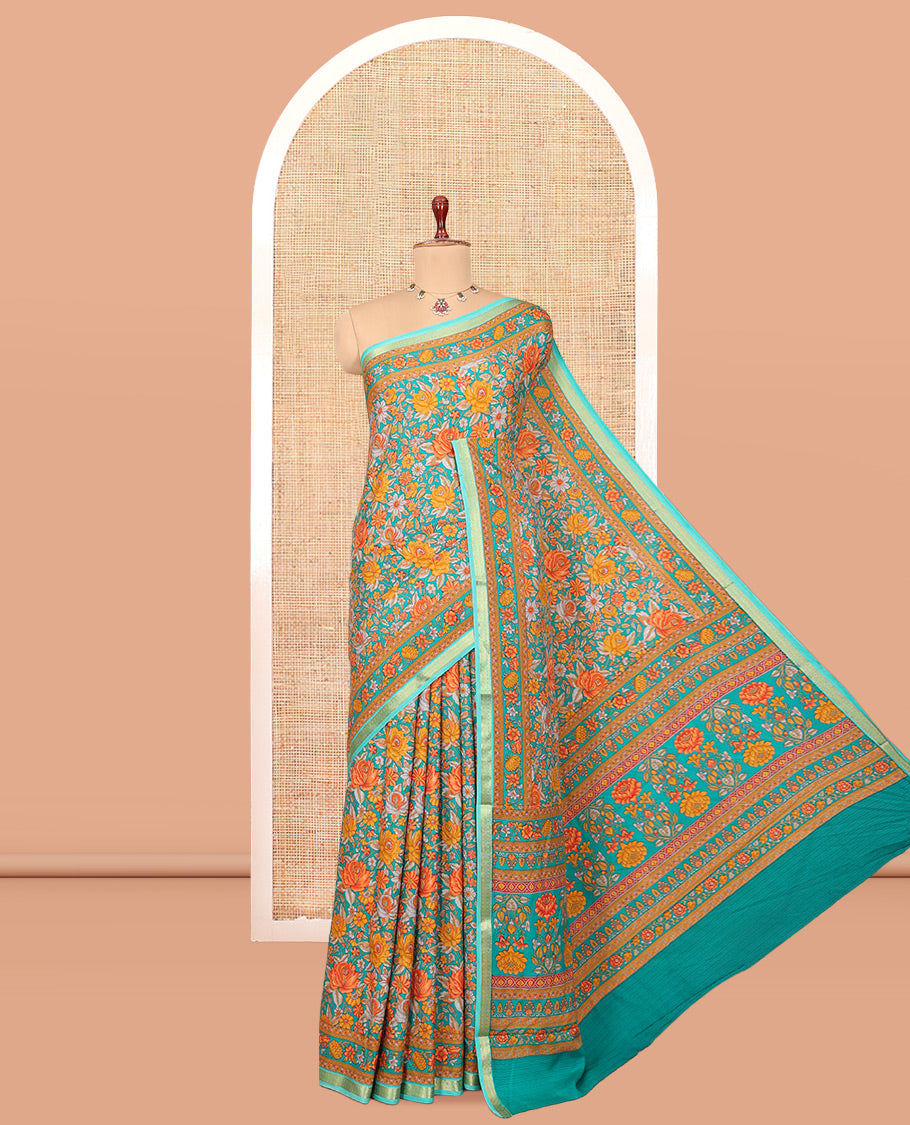 Blue Printed Silk Saree, Accentuated with Floral Print, a Traditional Zari Border, Floral Pallu, and a Matching Blouse