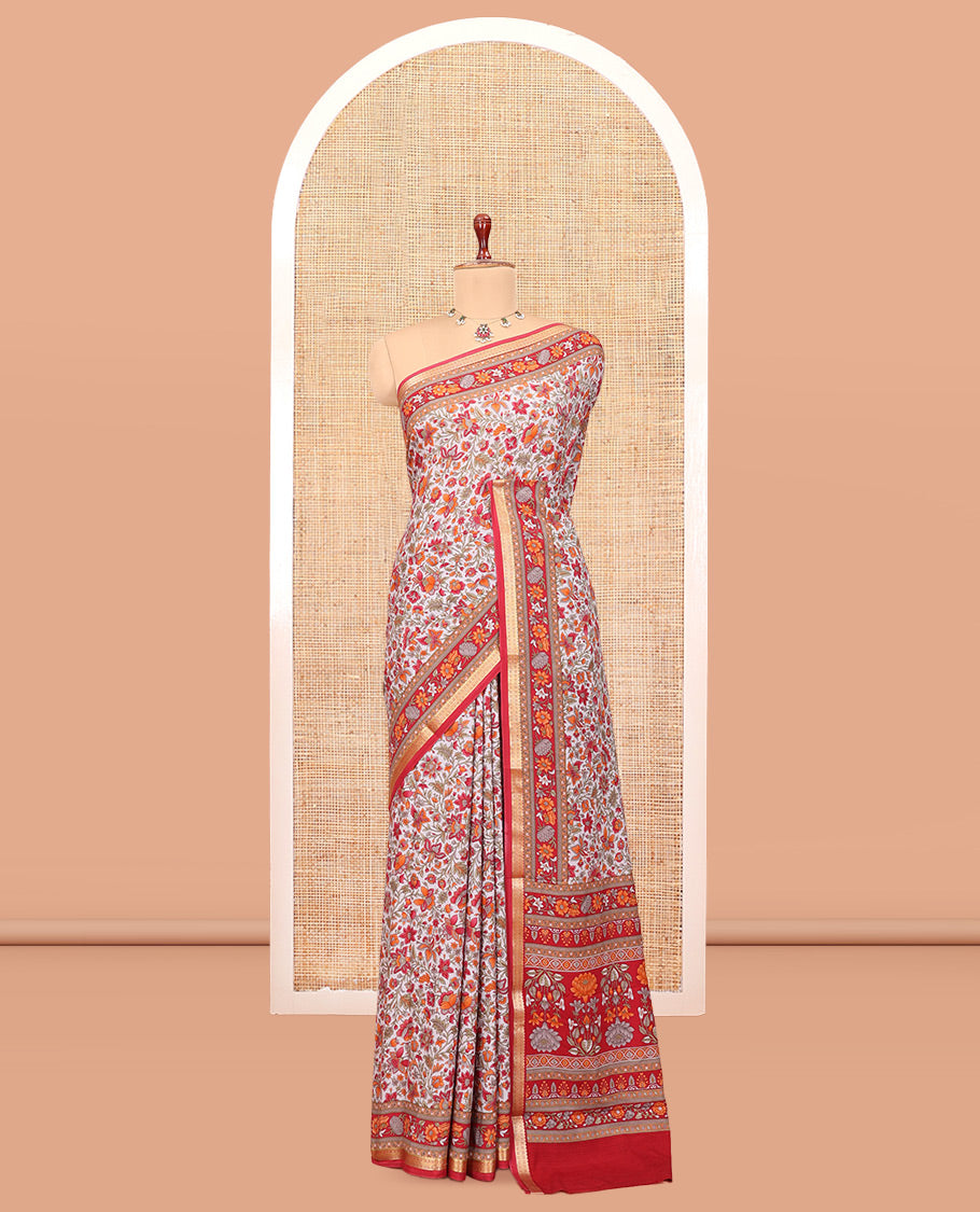 Off-White Base Printed Silk Saree, Bedecked with Floral Vine Print, a Contrast Zari Border, Floral Printed Pallu, and a Contrast Blouse