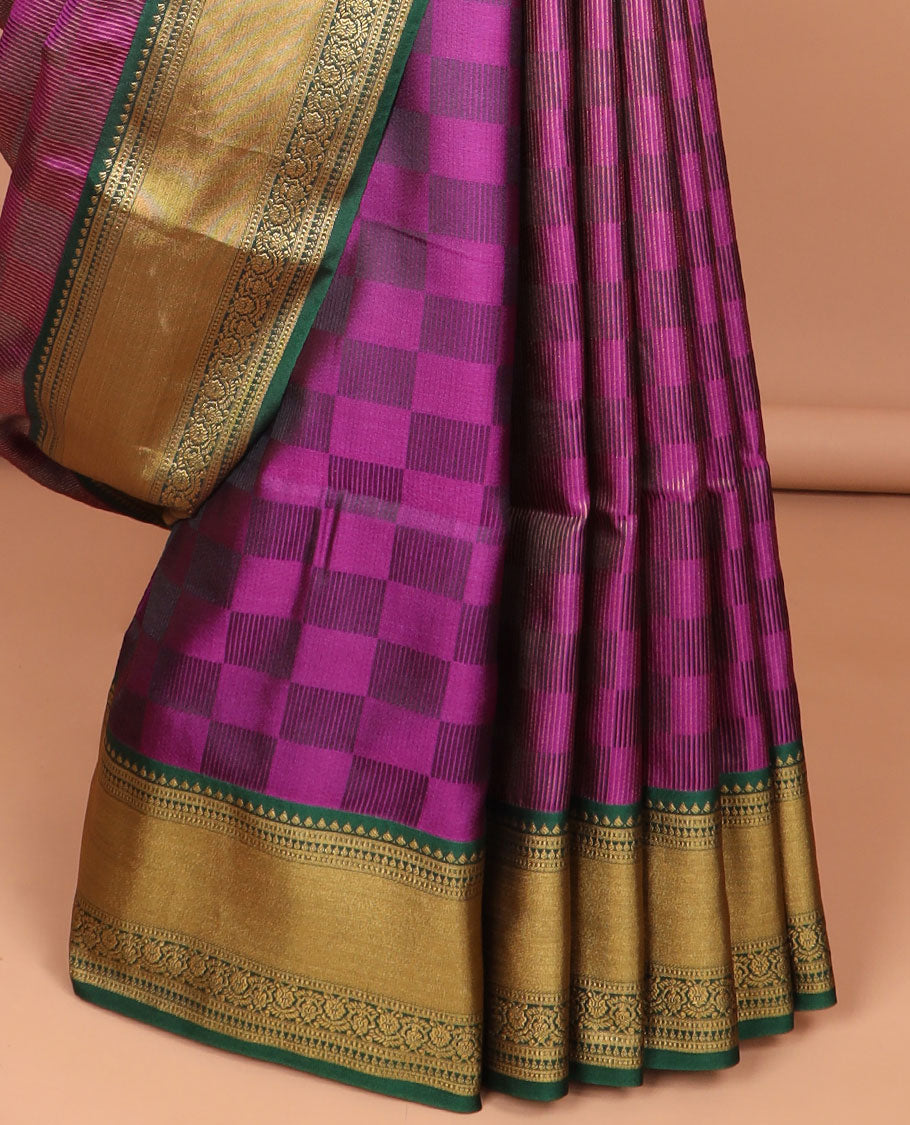 Purple checked soft silk saree with contrast intricate zari design & argyle design pallu