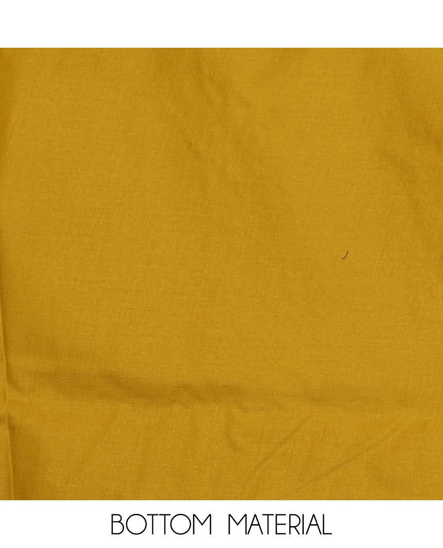 Yellow material churidar set, floral print with neck embroidery cotton top, plain cotton bottom, and contrast sequins embroidered chanderi dupatta