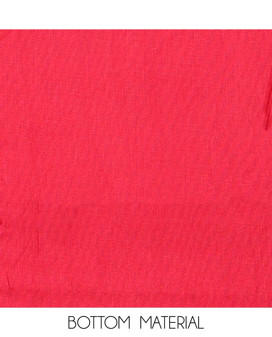 Red material chudidar set, Ajrakh print with mirror work neck embroidered top, plain bottom, and plain lace border dupatta