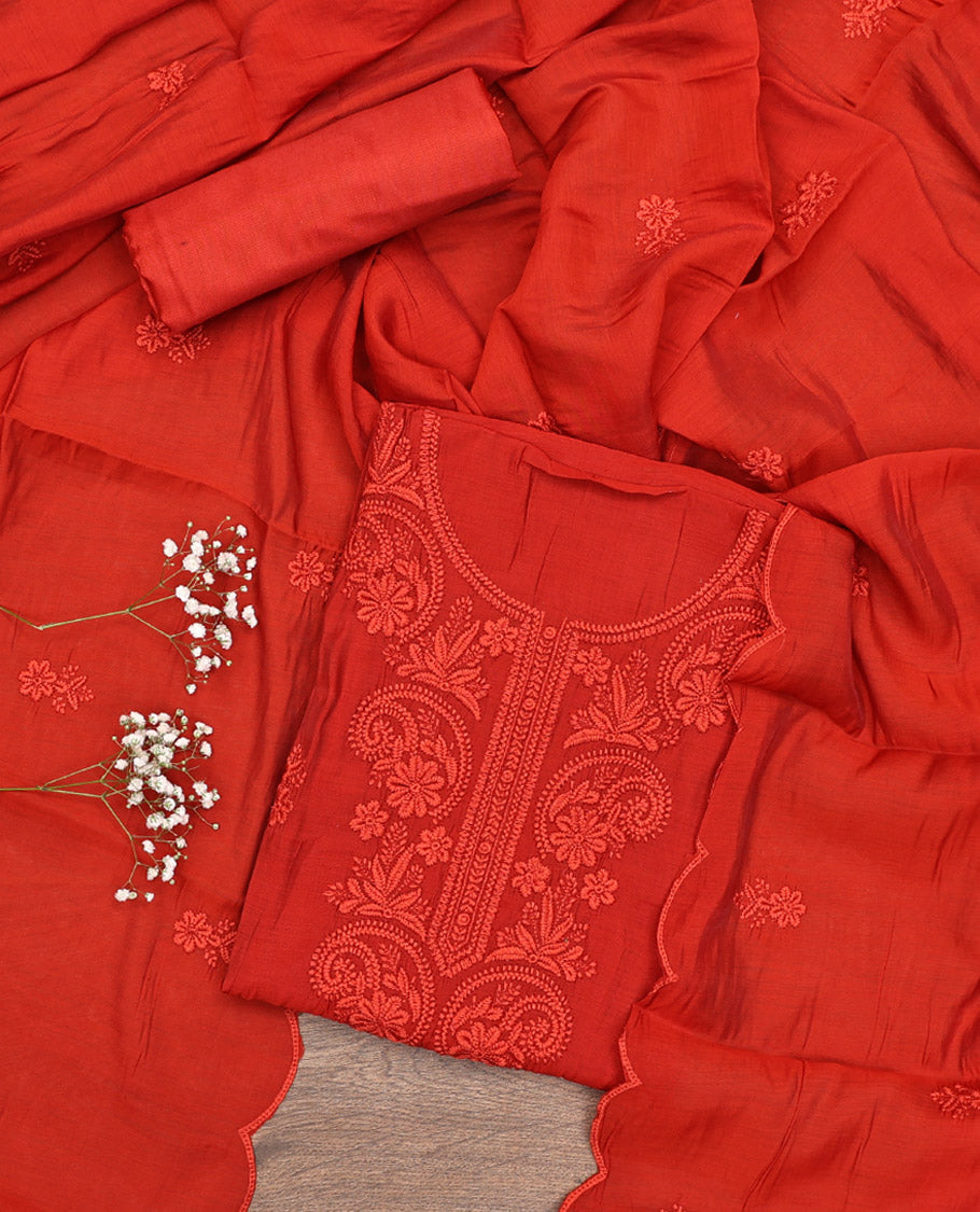 Red Material Chudidar Set, Subtly Woven with Lucknowi Chikankari-Style Floral-Leaf Neck Embroidery on Muslin Top, a Plain Santoon Bottom, and Paired with a Lucknowi Chikankari-Style Embroidered Muslin Scallop Dupatta