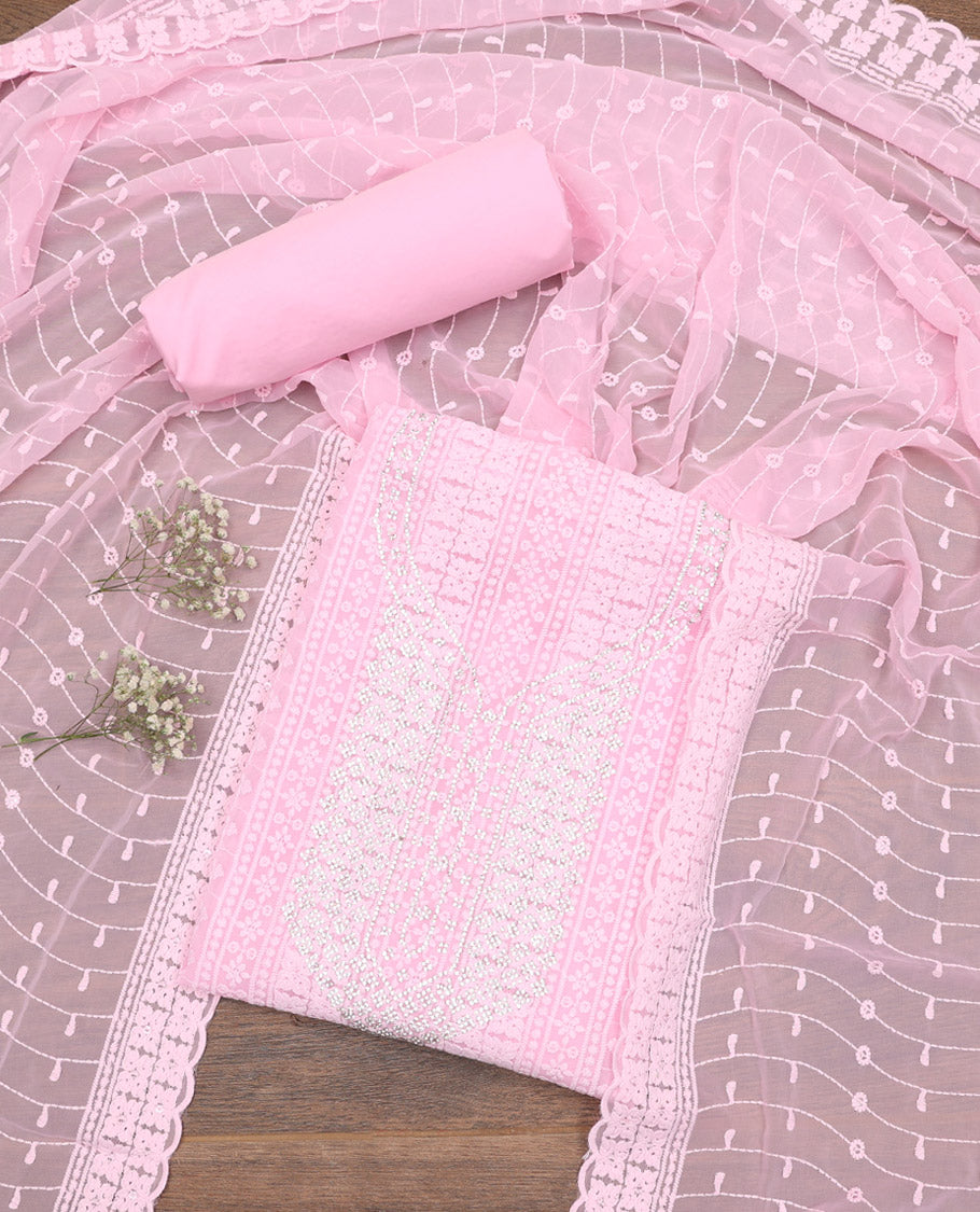 Baby Pink Material Chudidar Set, Crafted with Chikankari-Style Embroidery and Neck Stone Work on Georgette Top, a Plain Santoon Bottom, and Paired with a Floral Vine Embroidery Georgette Dupatta